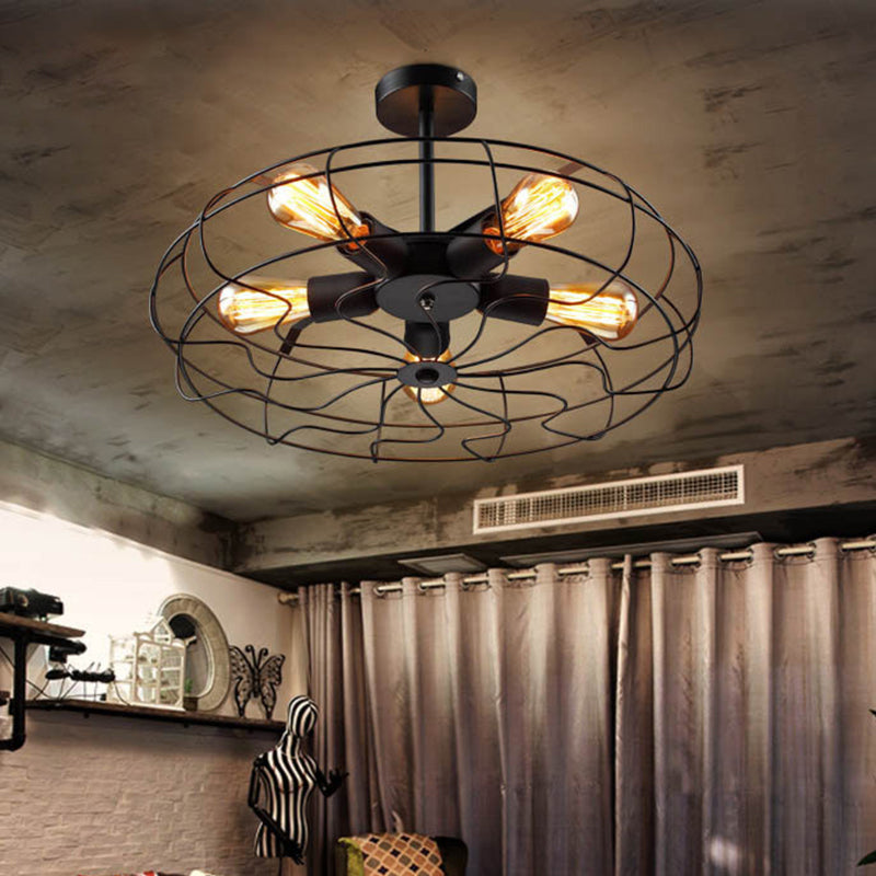 Industrial Black Iron 5-Light Round Cage Ceiling Lamp - Restaurant Semi Flush Light Fixture