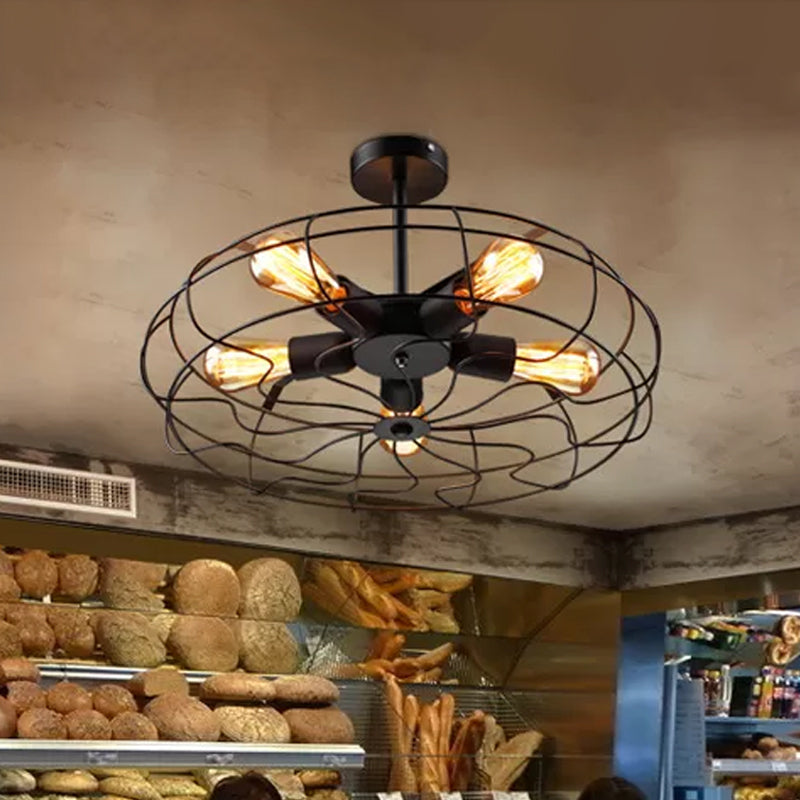 Industrial Black Iron 5-Light Round Cage Ceiling Lamp - Restaurant Semi Flush Light Fixture