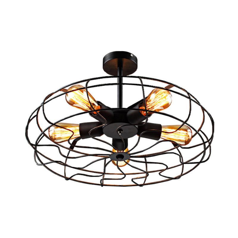 Industrial Black Iron 5-Light Round Cage Ceiling Lamp - Restaurant Semi Flush Light Fixture