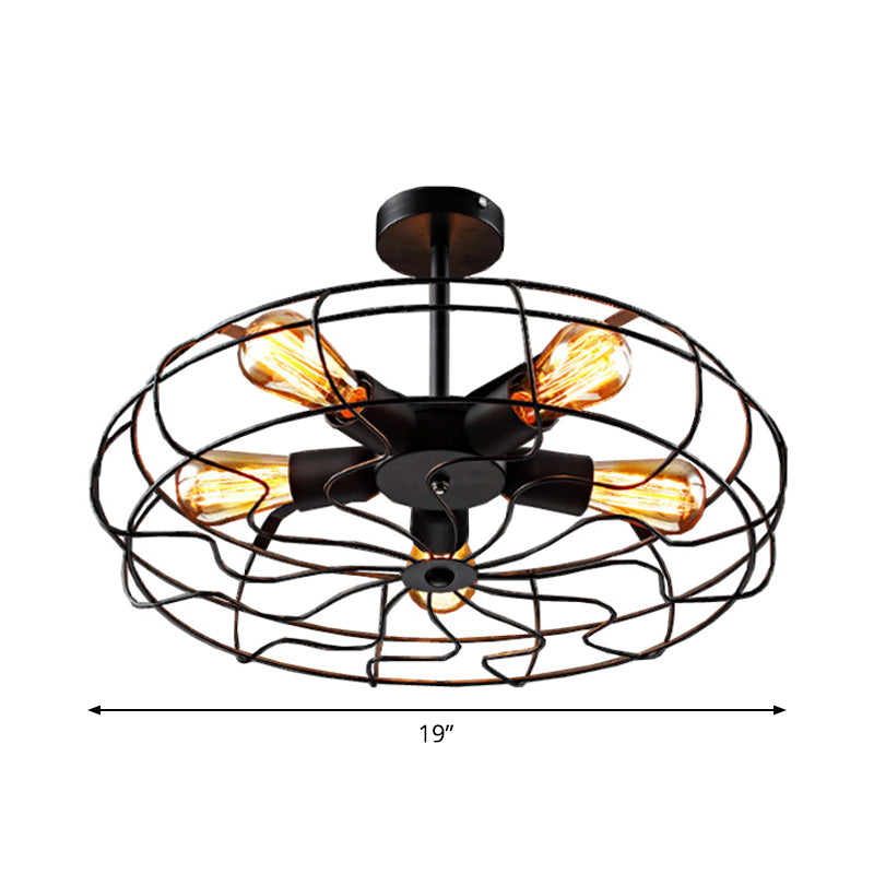 Industrial Black Iron 5-Light Round Cage Ceiling Lamp - Restaurant Semi Flush Light Fixture