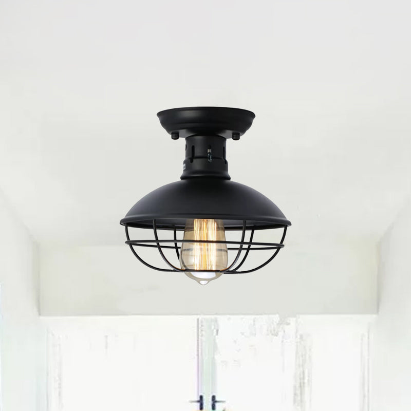 Loft Style Black Metal Semi Flush Ceiling Light with Cage Bottom