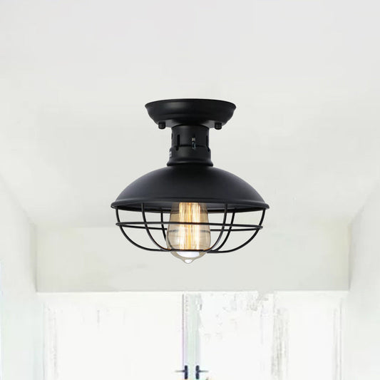 Loft Style Black Metal Semi Flush Ceiling Light with Cage Bottom