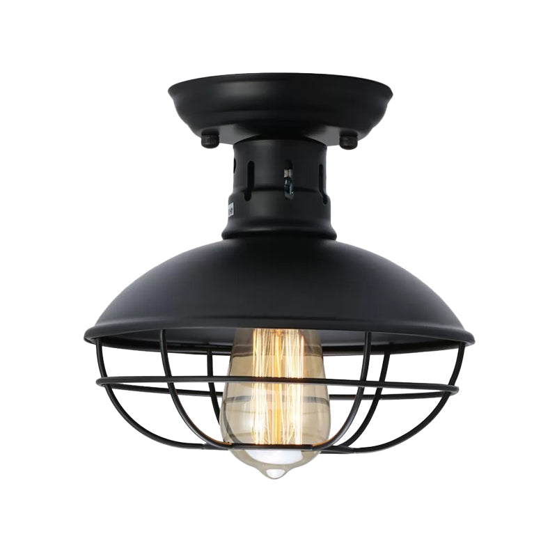 Loft Style Black Metal Semi Flush Ceiling Light With Cage Bottom