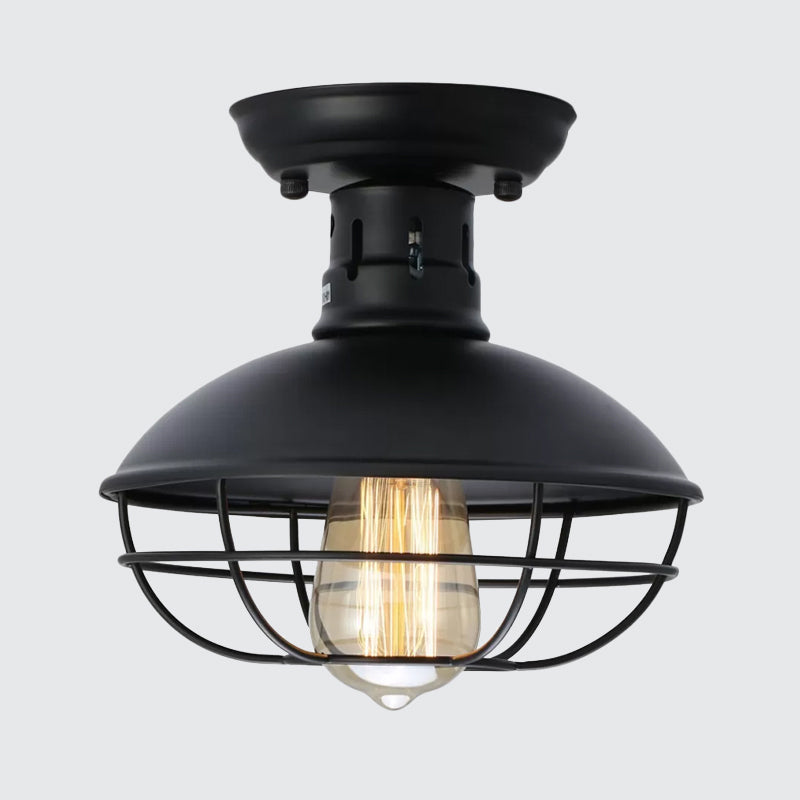 Loft Style Black Metal Semi Flush Ceiling Light With Cage Bottom