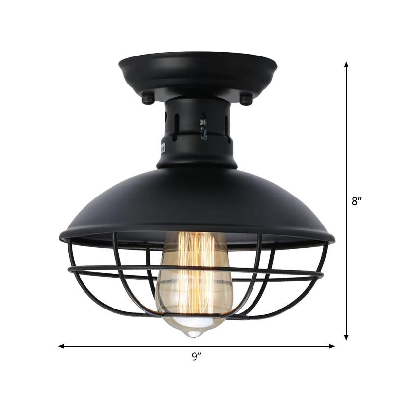Loft Style Black Metal Semi Flush Ceiling Light with Cage Bottom
