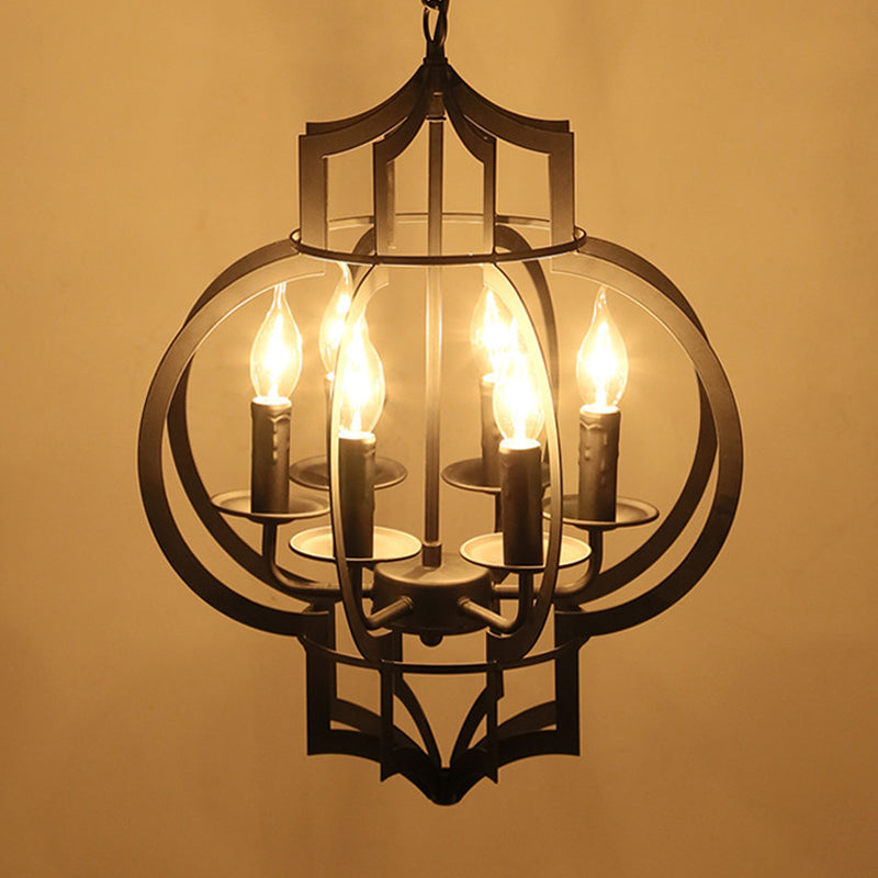 Retro 6-Light Black Metallic Chandelier Lantern for Ceiling Suspension