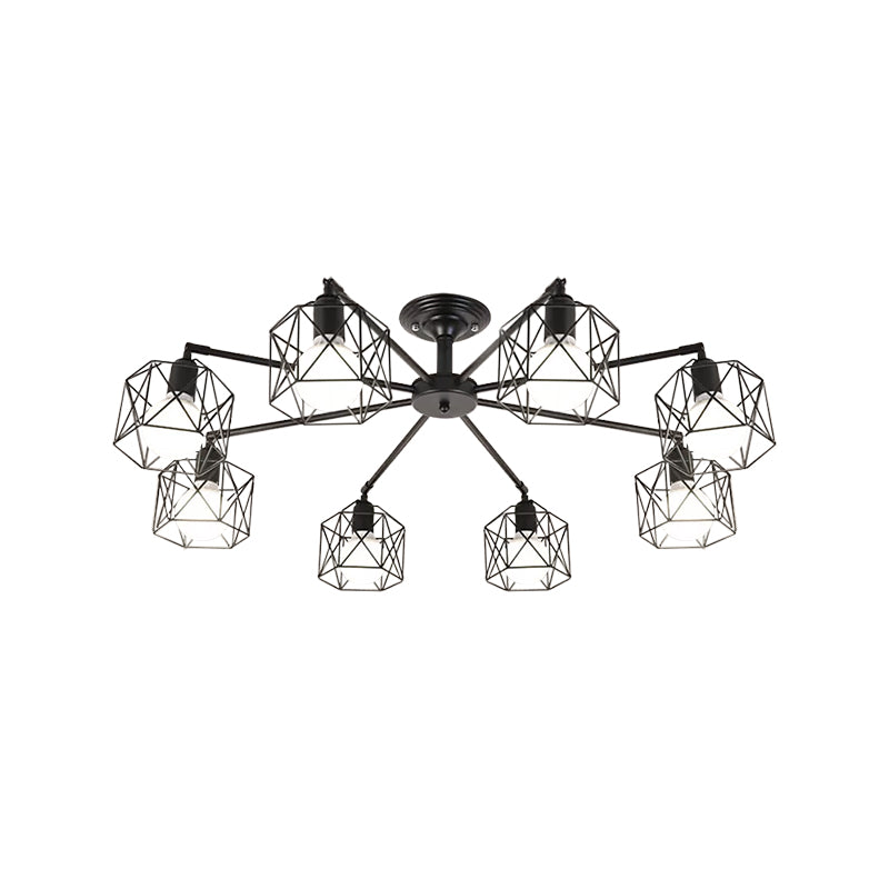 Iron Wire Cage Rotating Ceiling Chandelier - Warehouse Pendant Lamp, 4/6/8-Light in Black