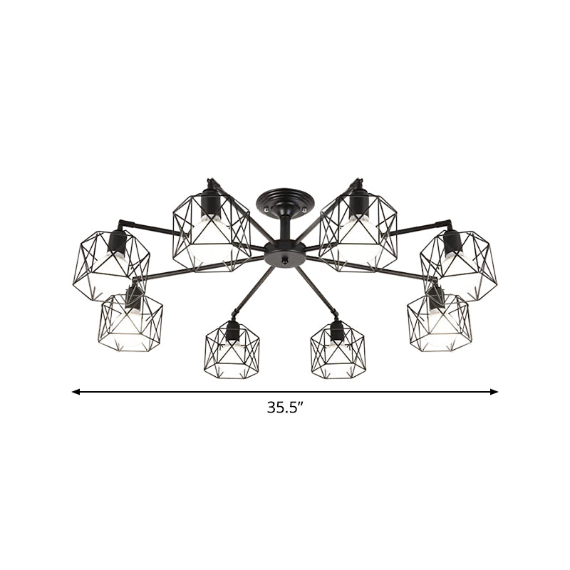Iron Wire Cage Rotating Ceiling Chandelier - Warehouse Pendant Lamp, 4/6/8-Light in Black