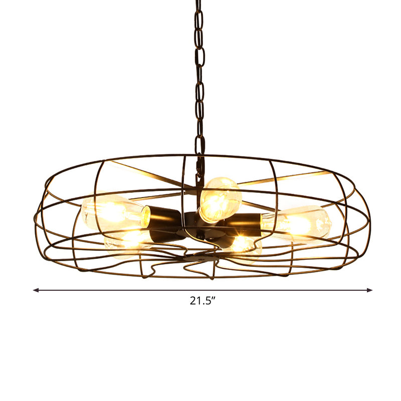 Industrial Iron 5-Bulb Black Pendant Chandelier - Round Caged Restaurant Ceiling Lamp, 19"/21.5" W