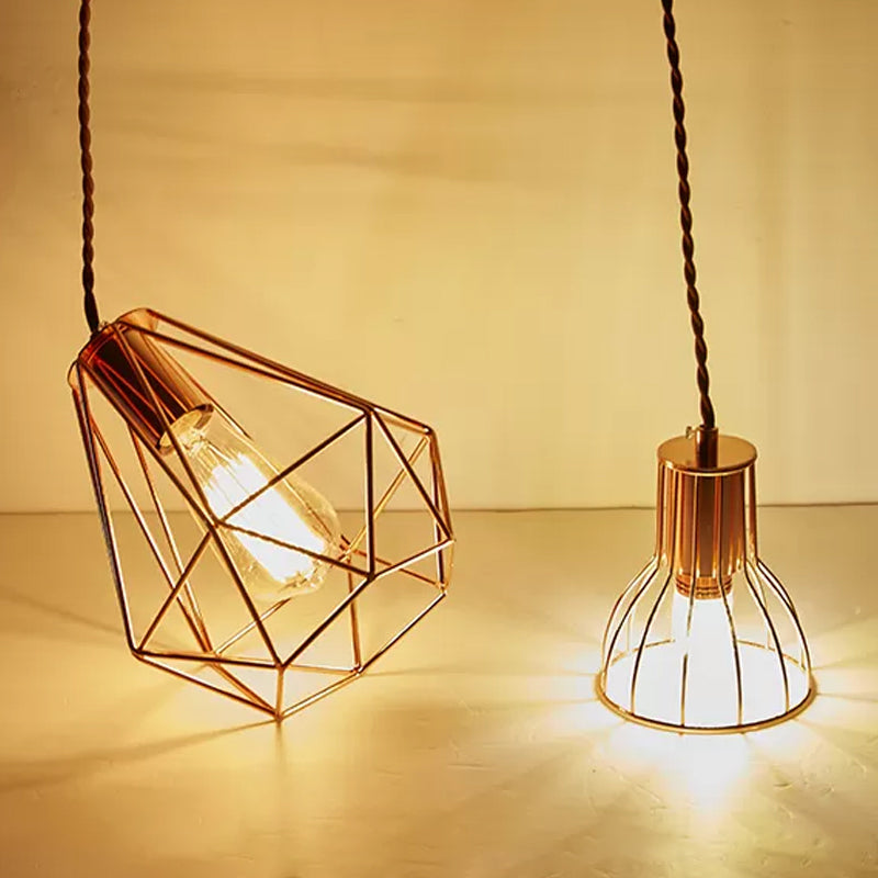 Industrial Rose Gold Pendant Lamp For Bedroom - Flared/Diamond Cage / Diamond