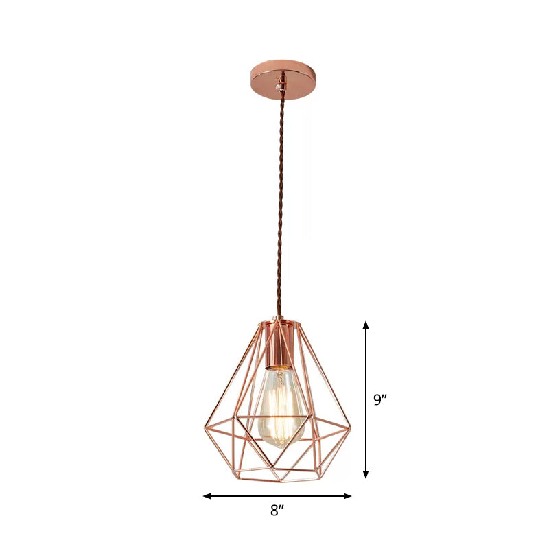 Rose Gold Pendant Lamp - Flared/Diamond Cage - Industrial Ceiling Hang Light - Bedroom Lighting
