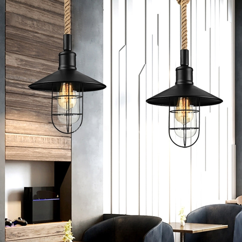 Kaylee - Farmhouse Single Iron Suspension Light Pendant in Black with Hemp Rope