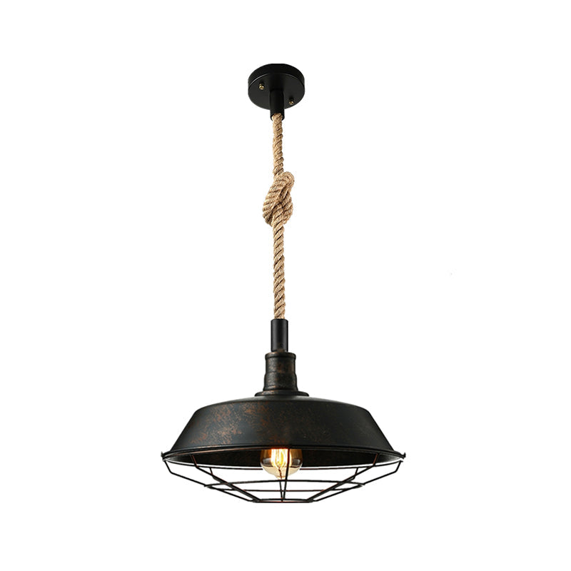 Kaylee - Farmhouse Single Iron Suspension Light Pendant in Black with Hemp Rope