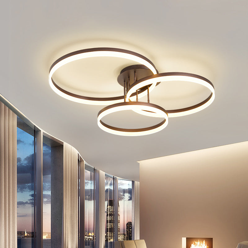 Sleek Spiral Design Coffee Hoop Ceiling Light - 3-Light Acrylic LED Semi Flush Mount Lamp in Warm/White Light