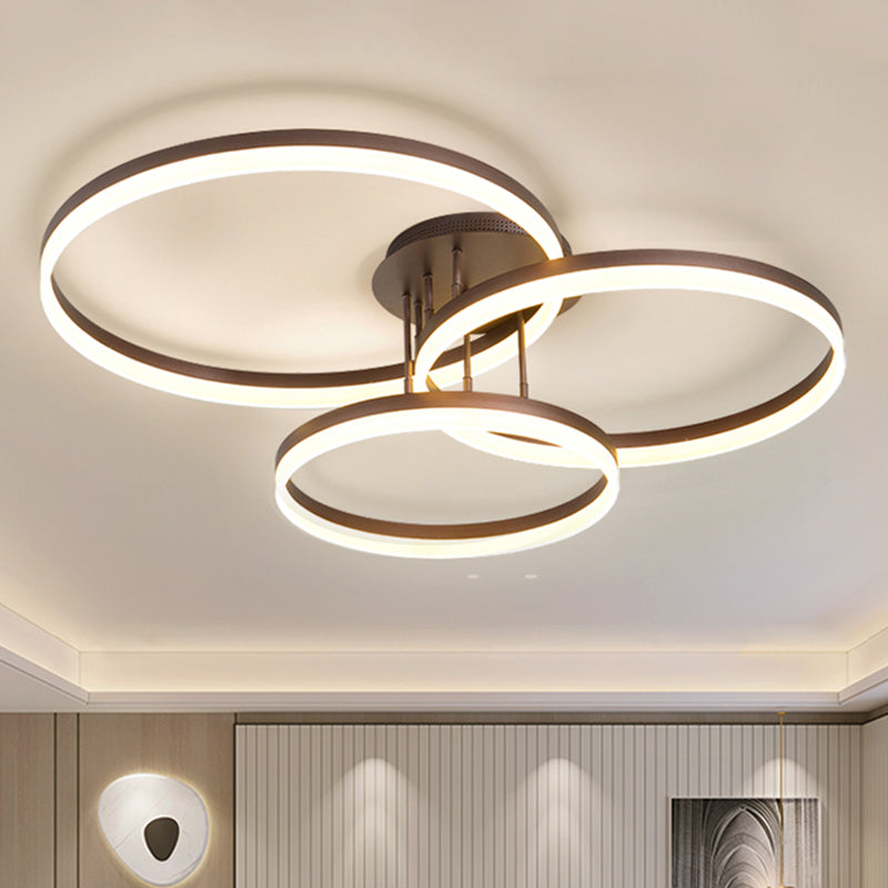 Sleek Spiral Design Coffee Hoop Ceiling Light - 3-Light Acrylic LED Semi Flush Mount Lamp in Warm/White Light