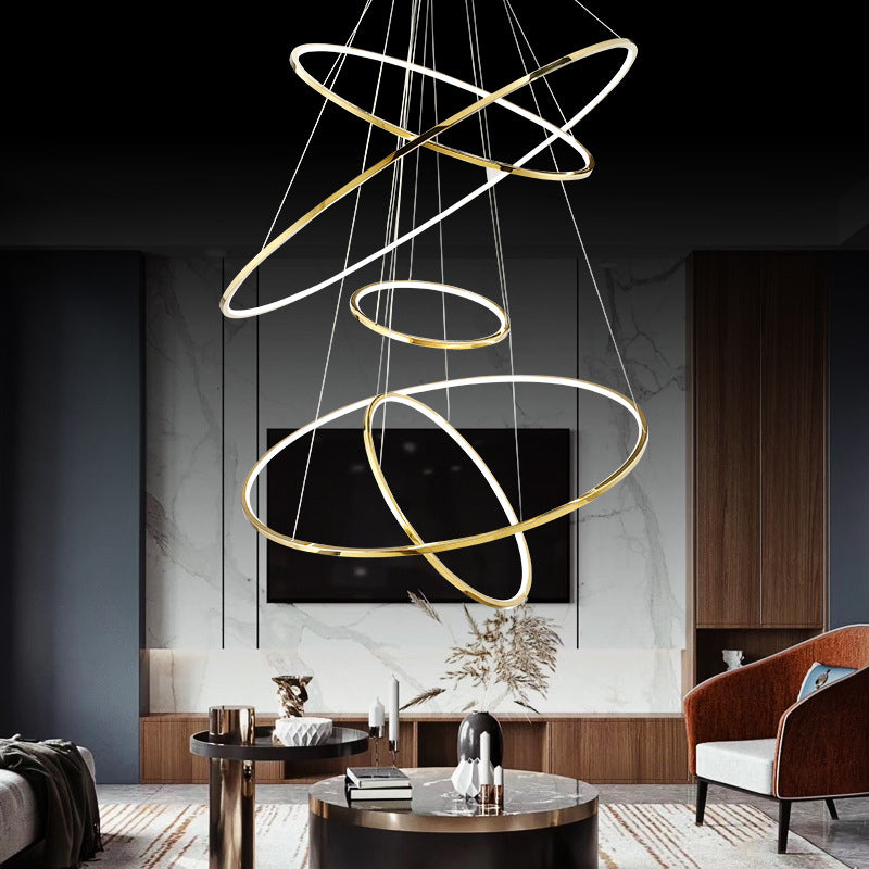 Lustre suspendu à LED minimaliste à 3/5 niveaux en acier inoxydable pour salon, lustre extra-mince en forme de cerceau en or