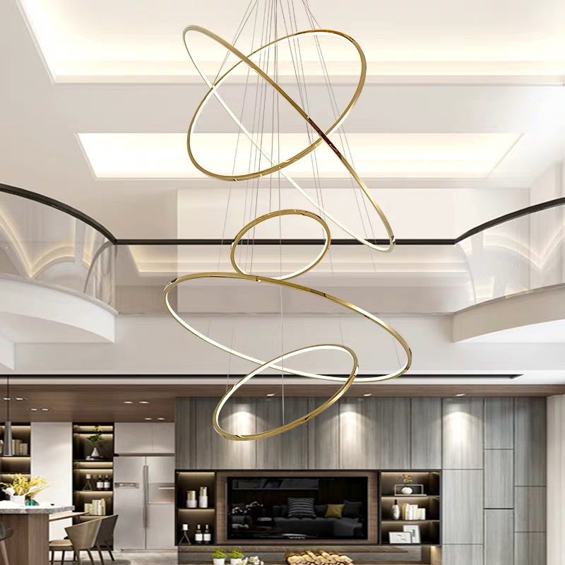 Lustre suspendu à LED minimaliste à 3/5 niveaux en acier inoxydable pour salon, lustre extra-mince en forme de cerceau en or