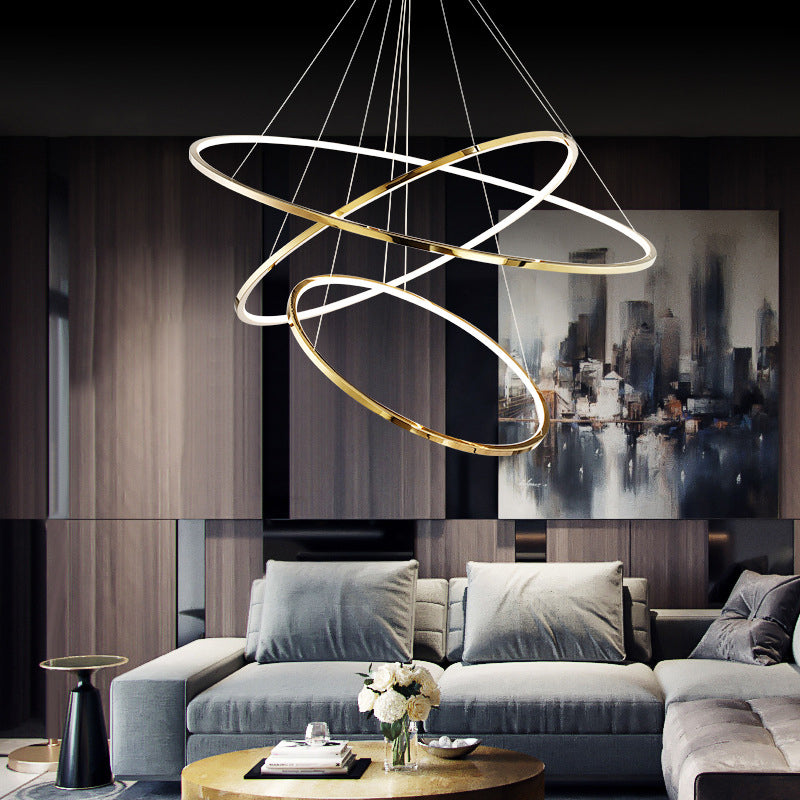 Lustre suspendu à LED minimaliste à 3/5 niveaux en acier inoxydable pour salon, lustre extra-mince en forme de cerceau en or