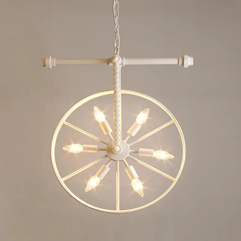 Metallic Wheel Chandelier Lamp Art Deco 6 Lights White/Black/Rust Pendant Ceiling Light for Restaurant