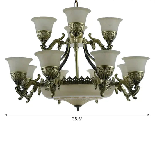 Bronze Bell Up Chandelier Light Traditional Opaline Glass 15 Bulbs Dining Room Pendant Light