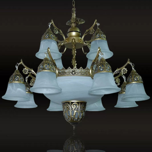 2-Tier Bell Yellow Glass Chandelier - 15 Head Dining Room Pendant In Brass