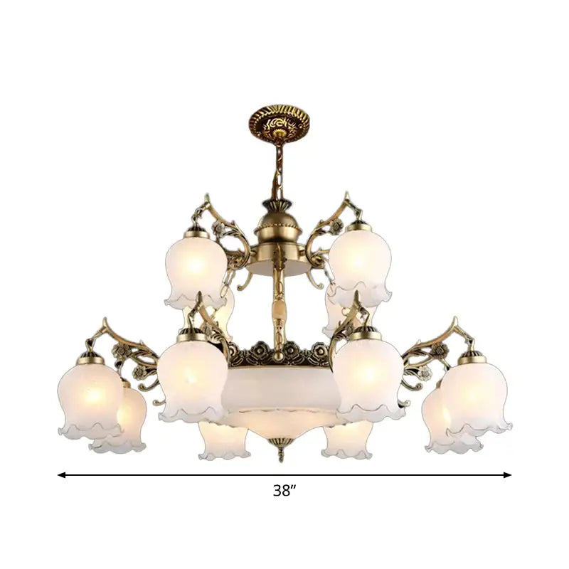 Bronze 15 Lights Chandelier Rural Opal Glass Tiered Flowerbud Shaped Drop Lamp for Restaurant