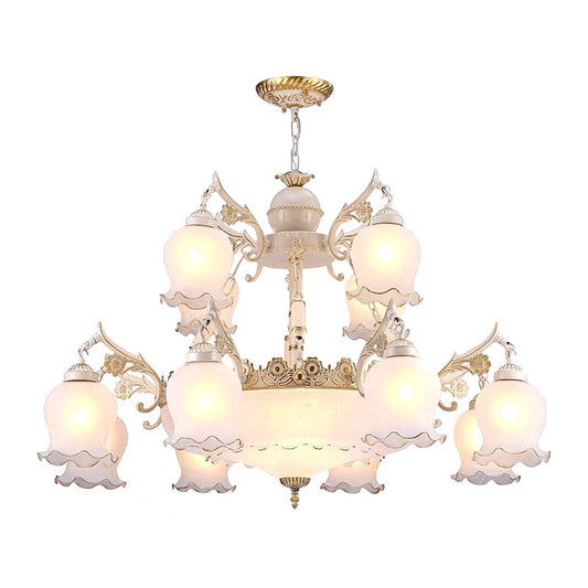 15-Head White Milk Glass Chandelier: Traditional 2-Tier Bud Pendant Light