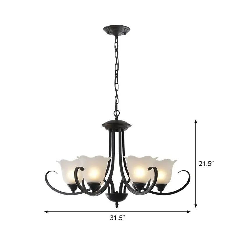 Opal Frosted Glass Black Chandelier Floral 3/8/9-Light Farmhouse Ceiling Pendant Lamp with Scrolling Arm