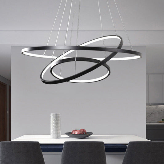 Adjustable 3-Tier Circle Chandelier: Modern Metal LED Hanging Light for Bedrooms (Black/White)