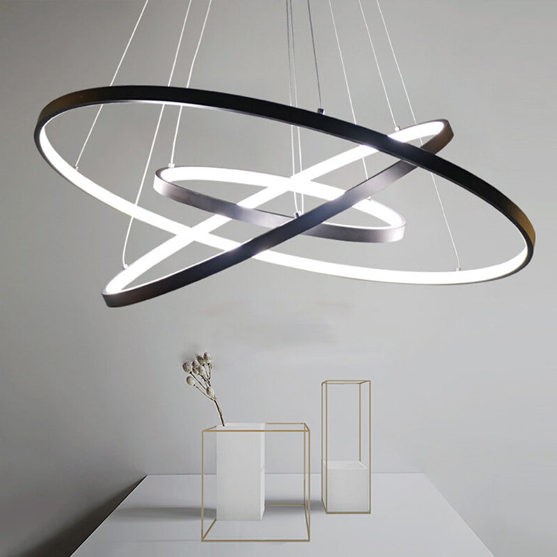 Adjustable 3-Tier Circle Chandelier: Modern Metal LED Hanging Light for Bedrooms (Black/White)