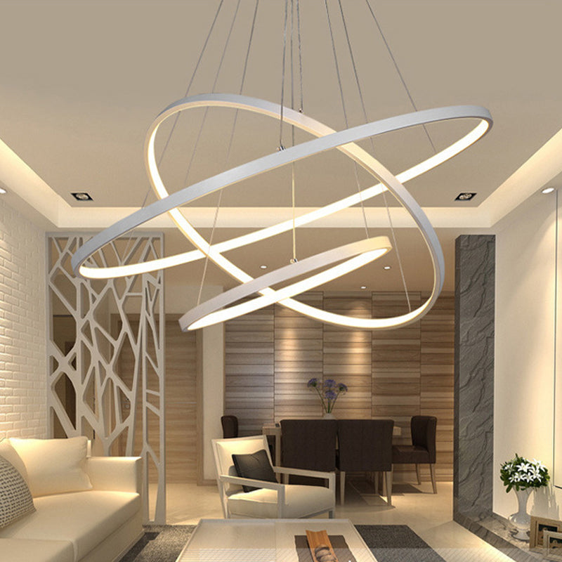 Adjustable 3-Tier Circle Chandelier: Modern Metal LED Hanging Light for Bedrooms (Black/White)