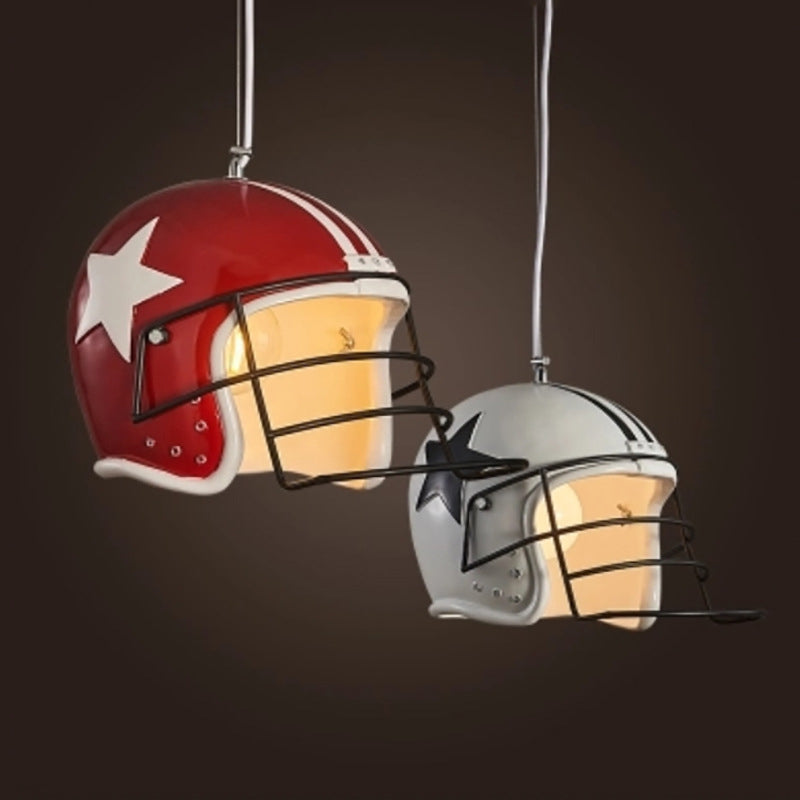 Resin Helmet Pendant Ceiling Light - Red/White Decorative Hanging Lamp For Restaurants