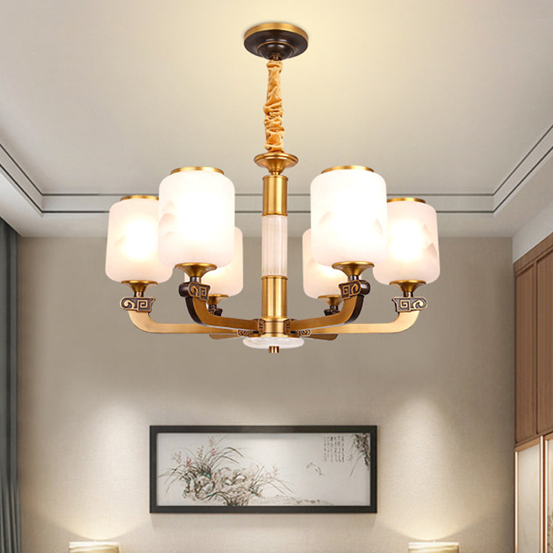 Retro 6/8-Bulb Frosted Glass Cylinder Pendant Light With Landscape Print- Ideal For Living Rooms