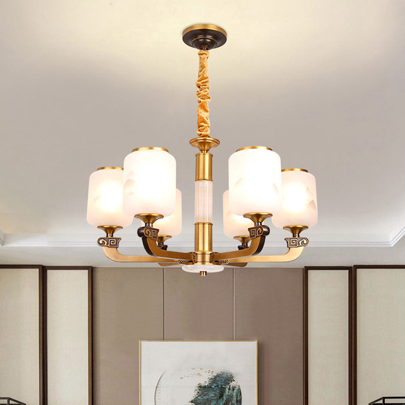 Retro 6/8-Bulb Frosted Glass Cylinder Pendant Light With Landscape Print- Ideal For Living Rooms