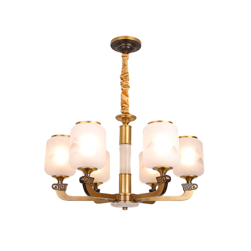 Retro 6/8-Bulb Frosted Glass Cylinder Pendant Light With Landscape Print- Ideal For Living Rooms