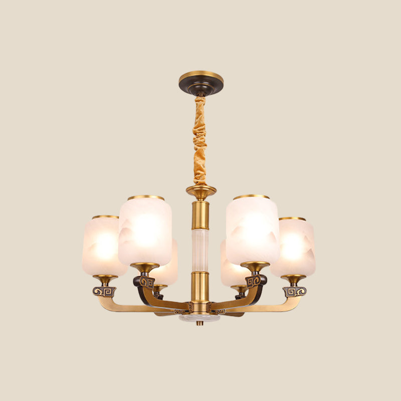 Retro 6/8-Bulb Frosted Glass Cylinder Pendant Light With Landscape Print- Ideal For Living Rooms