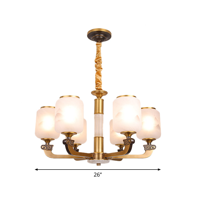 Retro 6/8-Bulb Frosted Glass Cylinder Pendant Light With Landscape Print- Ideal For Living Rooms