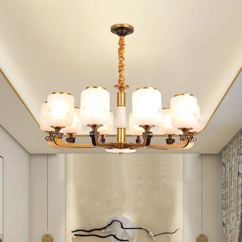 Retro 6/8-Bulb Frosted Glass Cylinder Pendant Light With Landscape Print- Ideal For Living Rooms