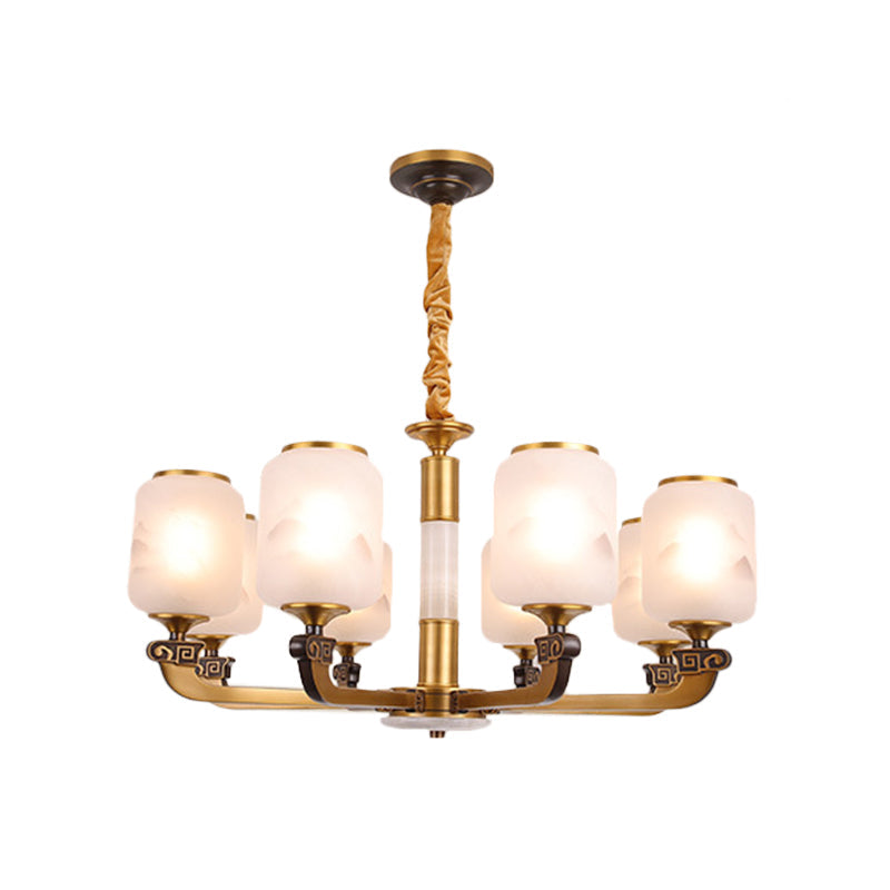 Retro 6/8-Bulb Frosted Glass Cylinder Pendant Light With Landscape Print- Ideal For Living Rooms
