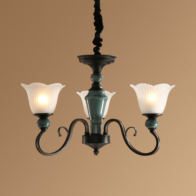 Farmhouse Blossom Up Chandelier - 3/8/12 Frosted Ribbed Glass Ceiling Hang Lights In Blackish Green