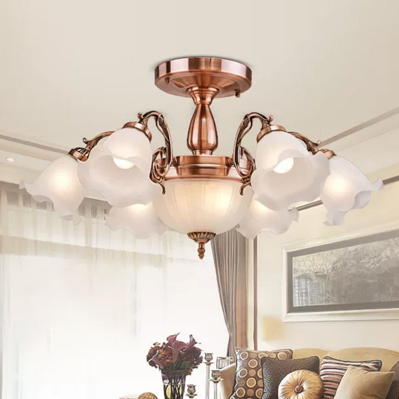 Rustic Opal Frosted Glass Ruffled Ceiling Mount Chandelier - Bronze/Copper with 8 Bulbs