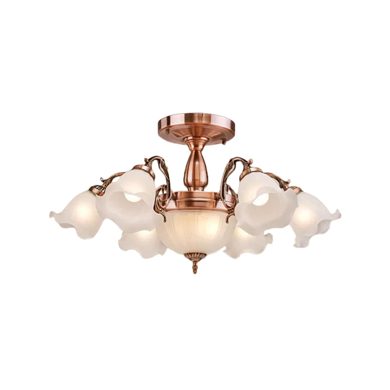 Rustic Opal Frosted Glass Ruffled Ceiling Mount Chandelier - Bronze/Copper With 8 Bulbs
