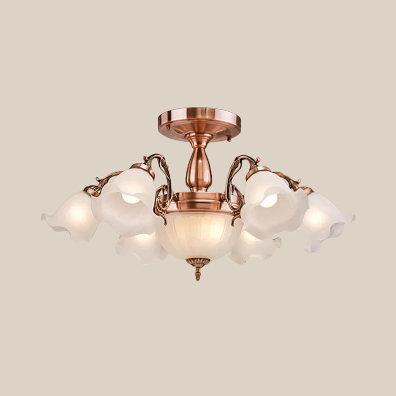 Rustic Opal Frosted Glass Ruffled Ceiling Mount Chandelier - Bronze/Copper With 8 Bulbs