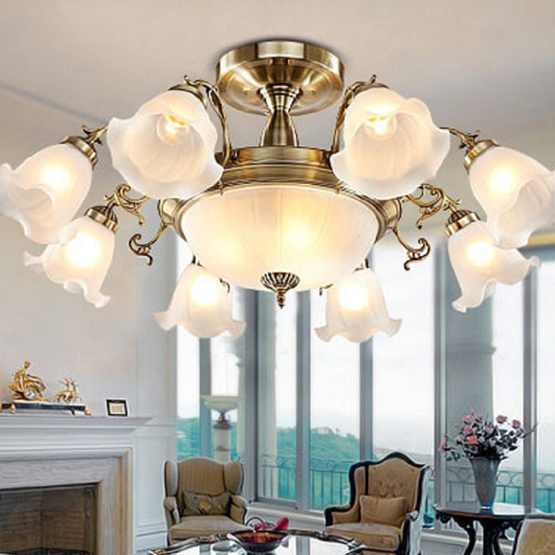 Rustic Opal Frosted Glass Ruffled Ceiling Mount Chandelier - Bronze/Copper with 8 Bulbs