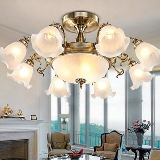 Rustic Opal Frosted Glass Ruffled Ceiling Mount Chandelier - Bronze/Copper with 8 Bulbs