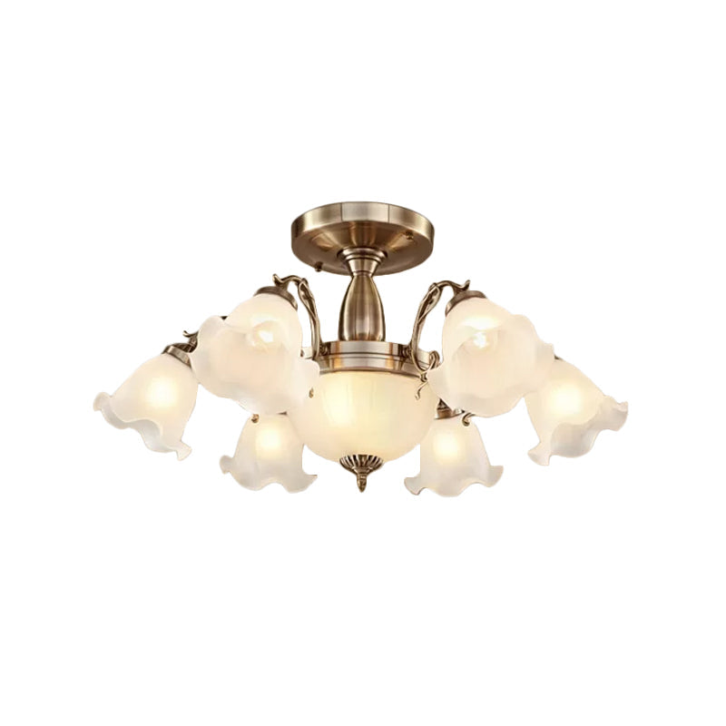 Rustic Opal Frosted Glass Ruffled Ceiling Mount Chandelier - Bronze/Copper With 8 Bulbs