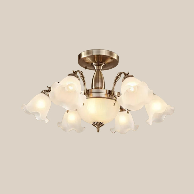 Rustic Opal Frosted Glass Ruffled Ceiling Mount Chandelier - Bronze/Copper With 8 Bulbs