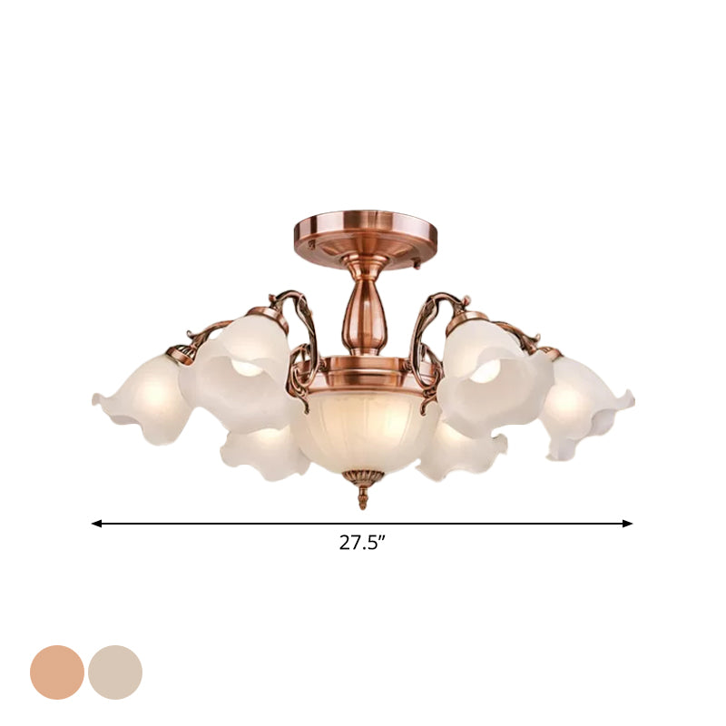 Rustic Opal Frosted Glass Ruffled Ceiling Mount Chandelier - Bronze/Copper with 8 Bulbs