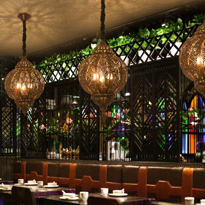 Turkish Bronze Globe Pendant Light - Restaurant Iron Chandelier With Hollowed-Out Design 3-Light
