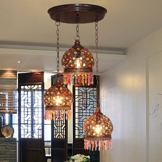 Bohemia Stained Glass Pendant Light With Fringe - 3 Bulbs Cluster Design In Copper Finish